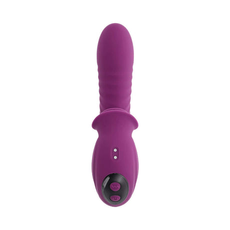 Evolved Deep Ecstasy Wild Aster G-spot Clitoral Stimulation in vibrant purple color with ribbed shaft and controls.