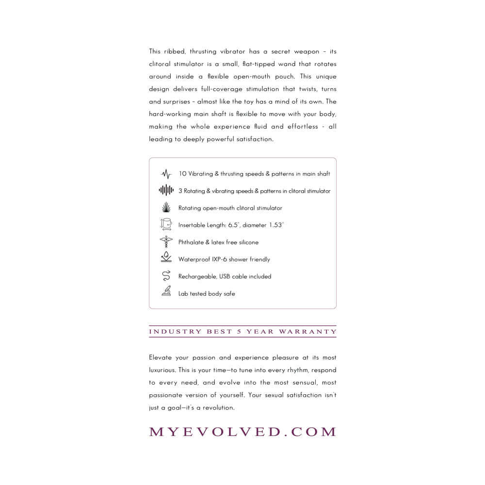 Evolved Deep Ecstasy Wild Aster G-spot Clitoral Stimulation features a thrusting shaft and rotating clitoral stimulator.