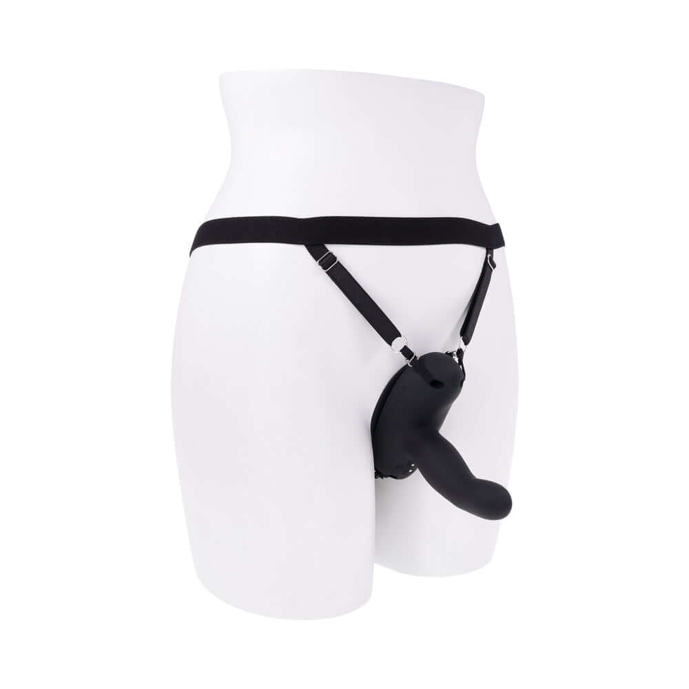 Evolved Come Closer G-spot Massager with Remote Black on a model in a harness display.