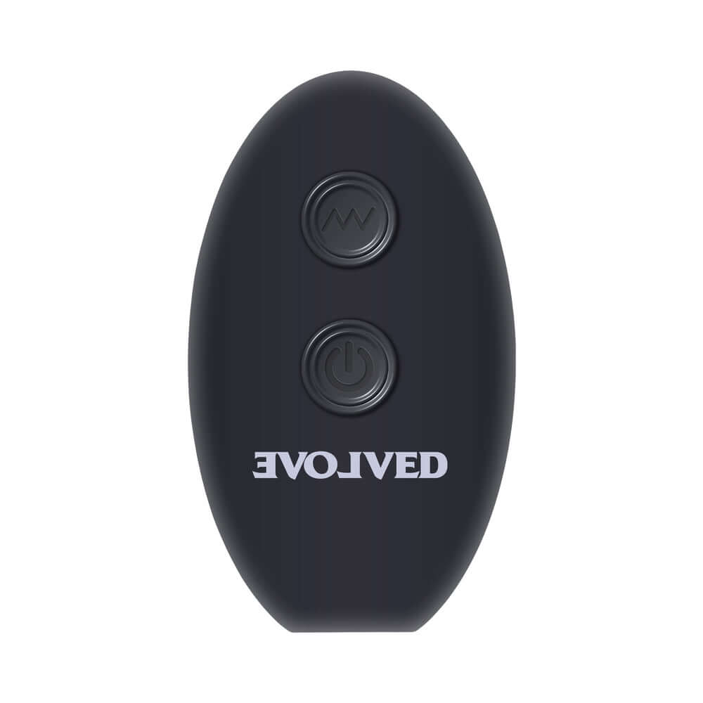 Evolved Come Closer G-spot Massager with Remote Black remote control top view on a white background.
