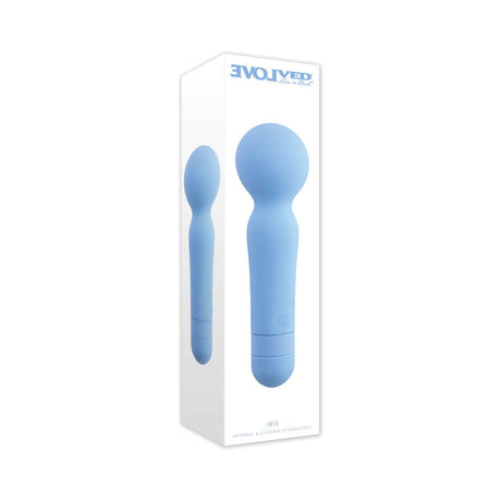 Iris Rechargeable Silicone Wand Blue packaging design featuring a soft silicone body massager in a sleek blue color.