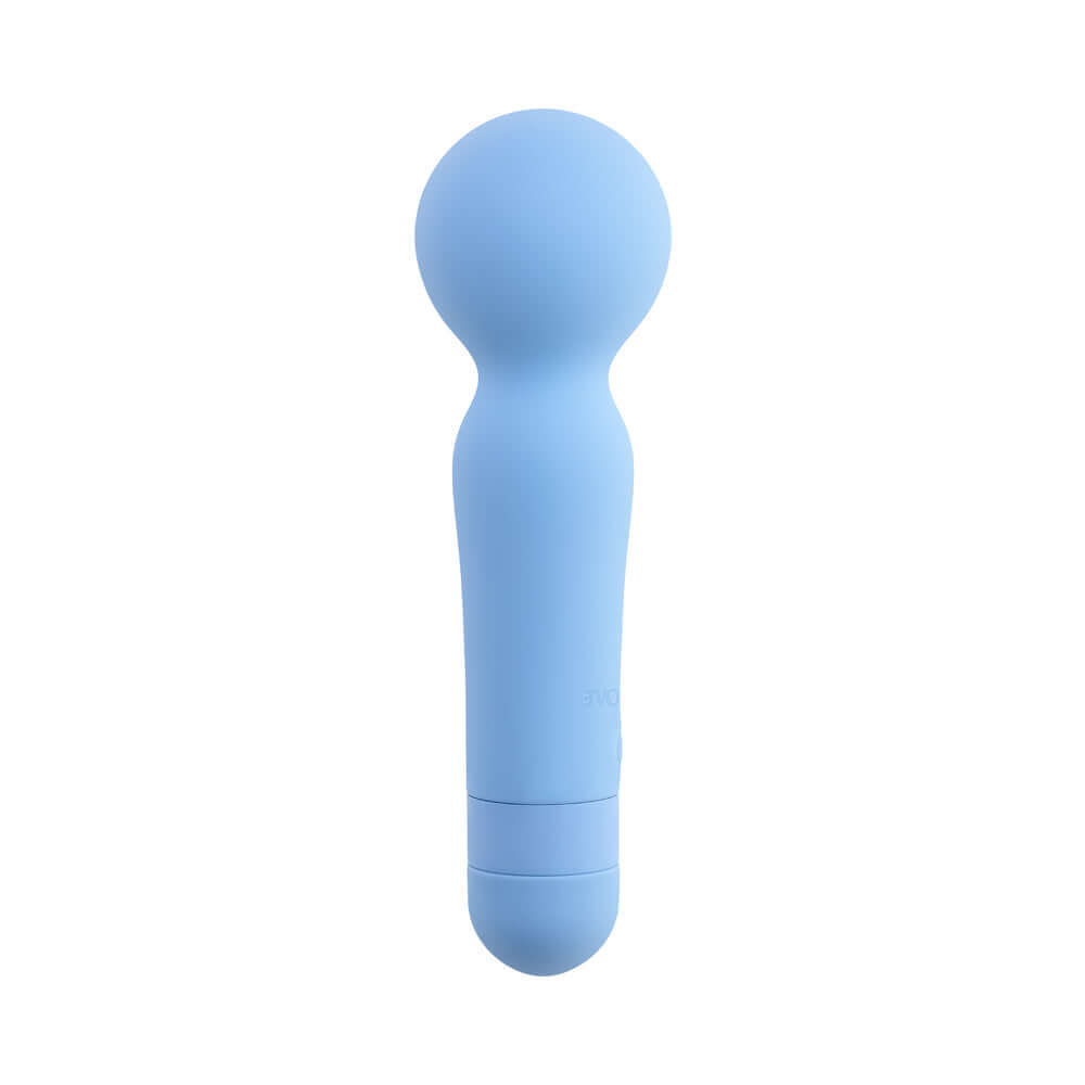 Iris Rechargeable Silicone Wand Blue, a compact blue silicone massager with an ergonomic design for targeted stimulation.
