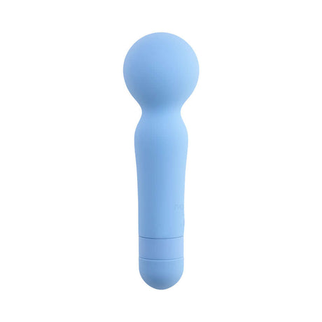 Iris Rechargeable Silicone Wand Blue, a compact blue silicone massager with an ergonomic design for targeted stimulation.