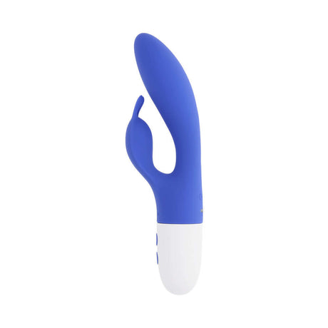 Evolved Funny Bunny Vibrator Blue, a dual-stimulation toy with a silky-soft texture designed for pleasure.