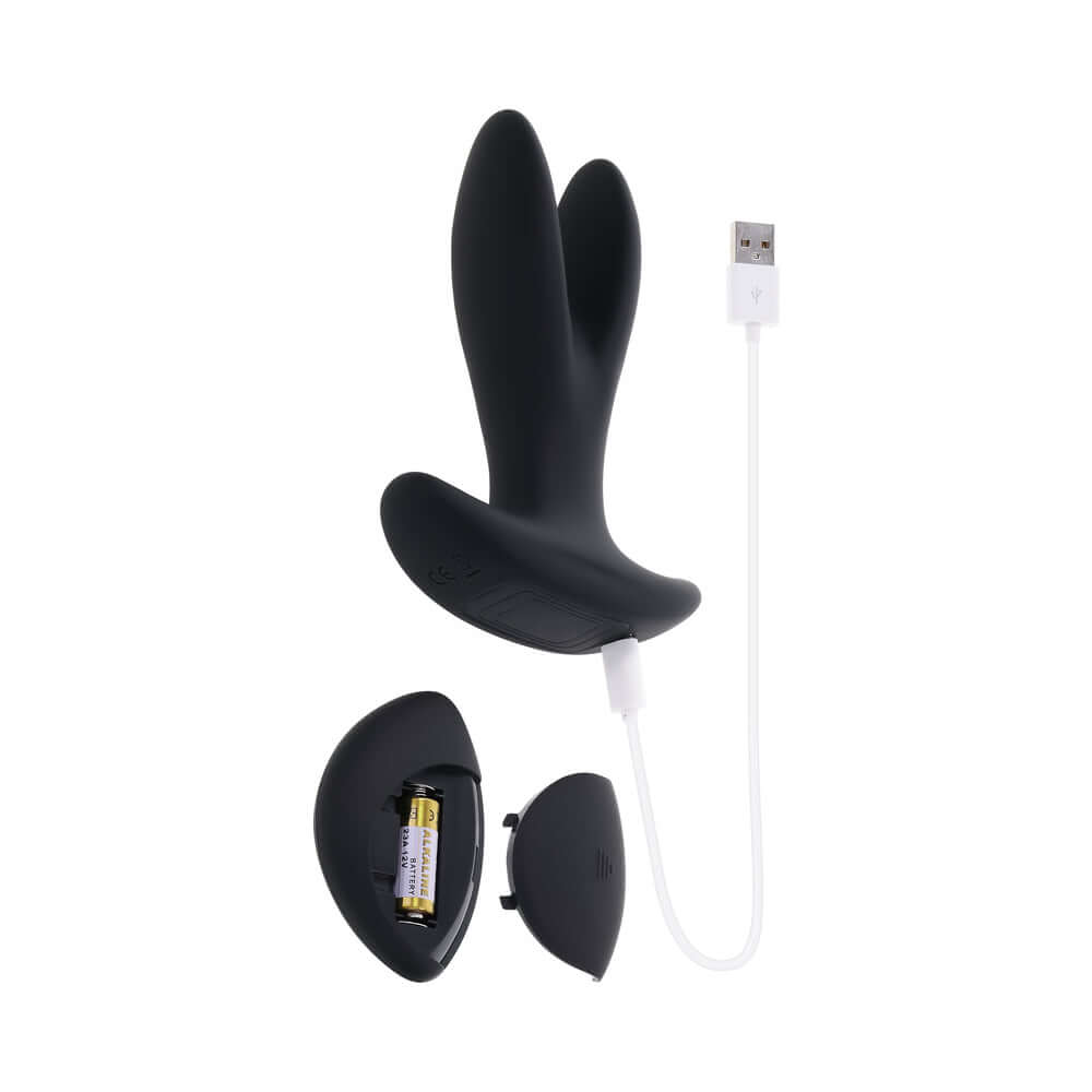 Gender X Spread The Love Prostate Massager Black, featuring dual vibrating fingers and USB charging.