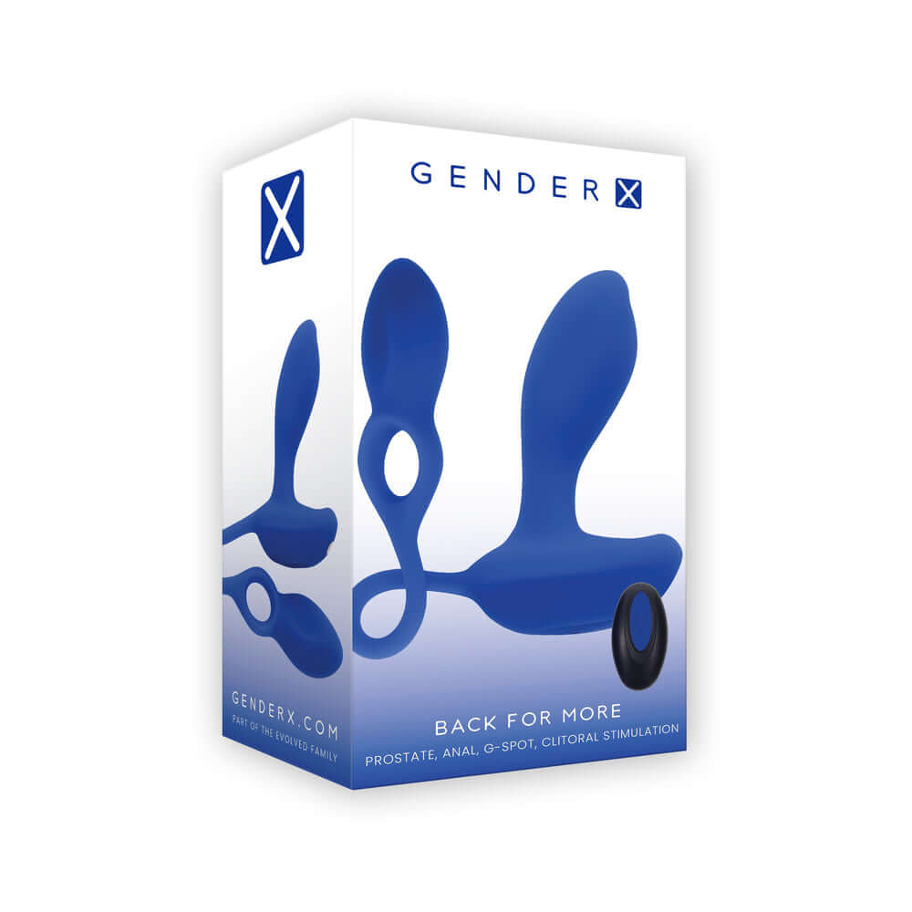 Gender X Back For More Prostate Massager Blue packaging featuring dual-ended design for targeted stimulation.