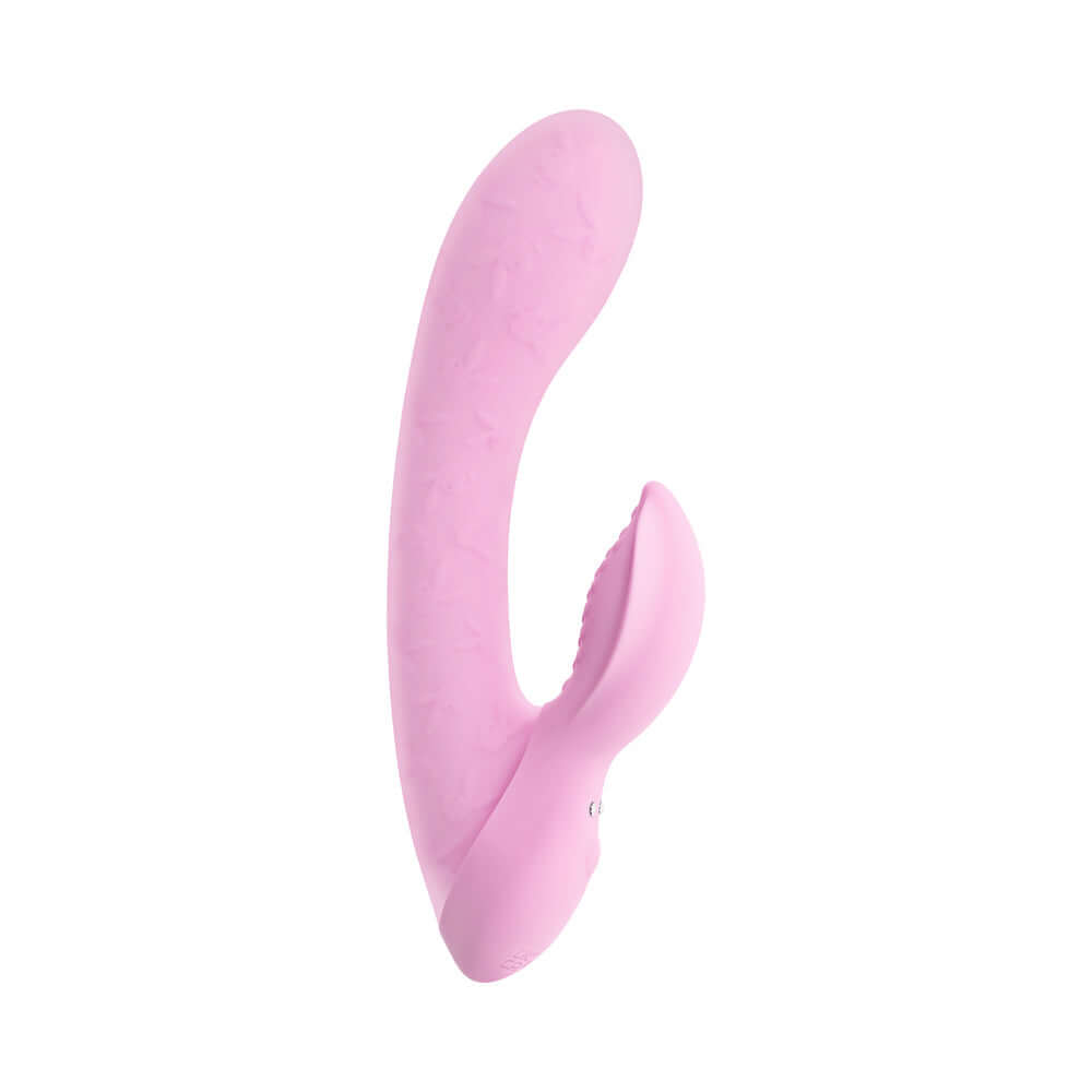 Playboy Pleasure Rabbit Party Vibrator Petal in soft pink silicone design for dual stimulation.