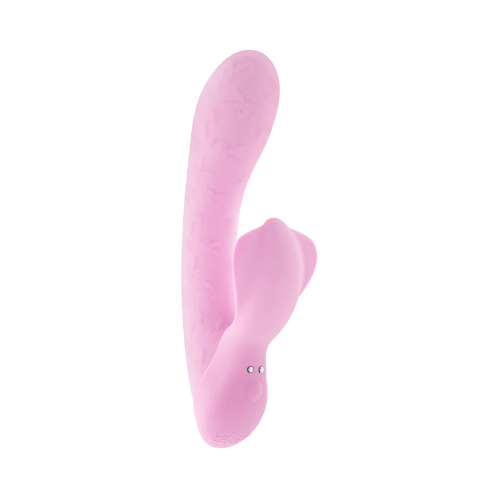 Playboy Pleasure Rabbit Party Vibrator Petal in soft pink silicone for dual stimulation and realistic sensations.