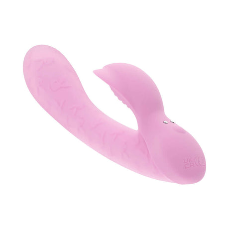 Playboy Pleasure Rabbit Party Vibrator Petal in pink silicone design for dual stimulation.