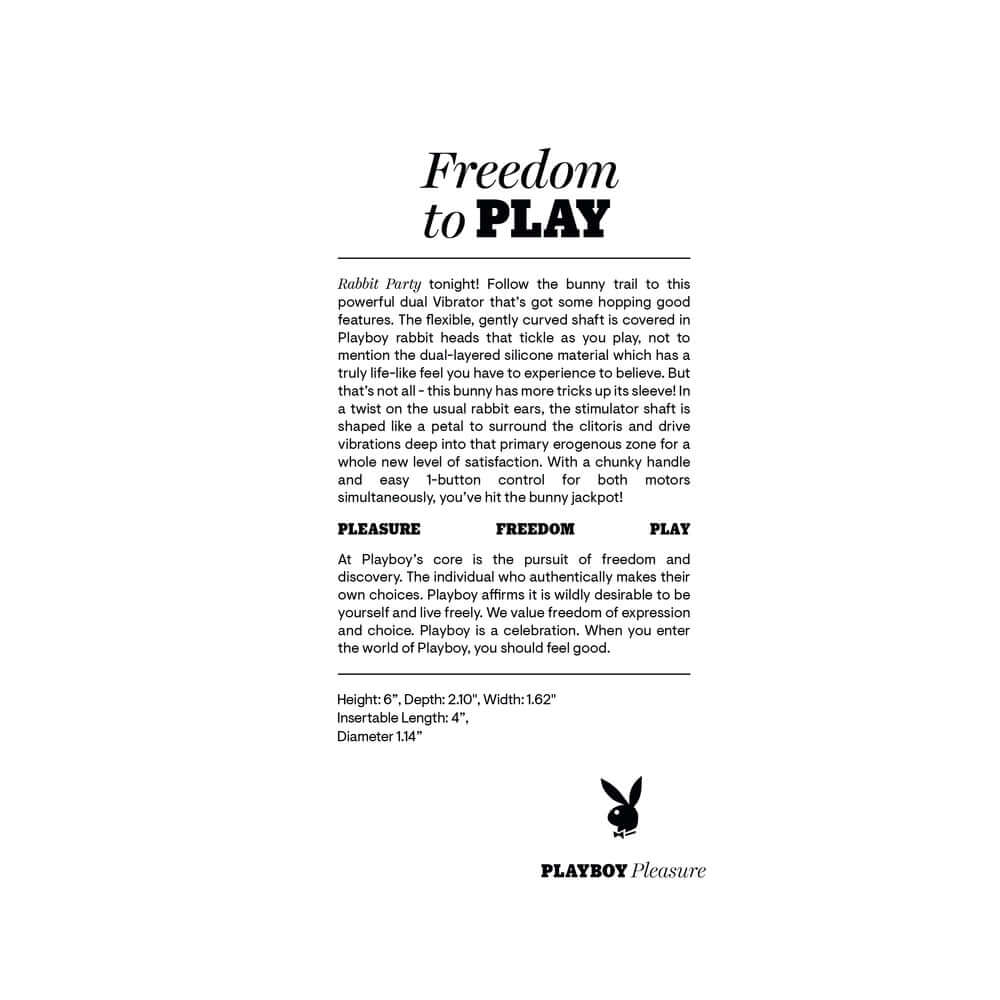 Playboy Pleasure Rabbit Party Vibrator Petal product information and features, promoting dual stimulation and indulgence.