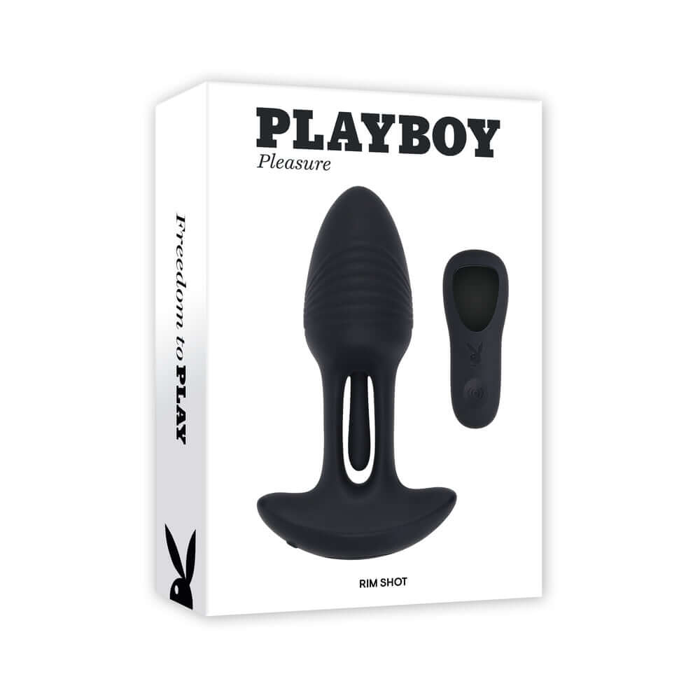 Playboy Pleasure Rim Shot 2 Anal Plug in sleek black packaging, showcasing innovative design and powerful features.