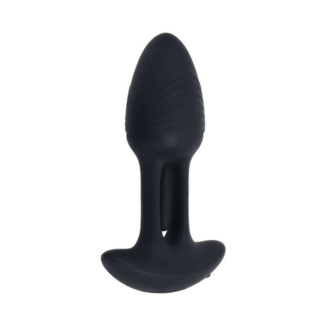Playboy Pleasure Rim Shot 2 Anal Plug in sleek black silicone, featuring textured grooves for enhanced stimulation.