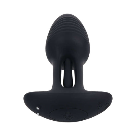Playboy Pleasure Rim Shot 2 Anal Plug showcasing its sleek black design and unique flicking motion features.