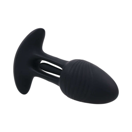Playboy Pleasure Rim Shot 2 Anal Plug showcasing sleek black silicone design and innovative flicking motion.