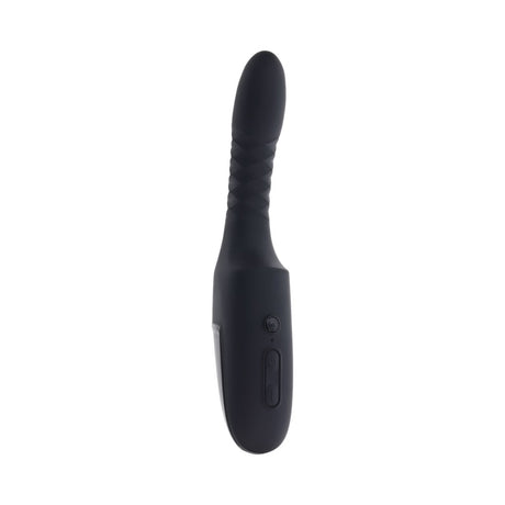 Playboy Overdrive Powerful Thrusting Vibrator in sleek black design with contoured shape and control button.