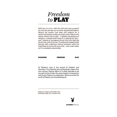 Playboy Overdrive Powerful Thrusting Vibrator product details, showcasing features like thrusting motion and heating sensations.