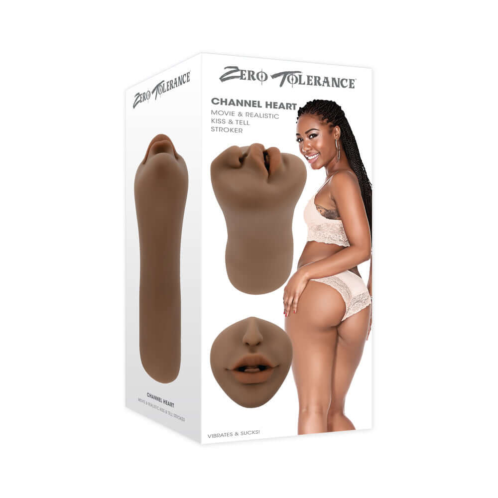 Channel Heart Movie and Realistic Kiss and Tell Stroker packaging featuring realistic design and model.