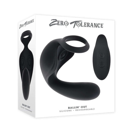 Zero Tolerance Ballin Out Black sex toy in packaging, featuring silicone design and remote control for convenient use.