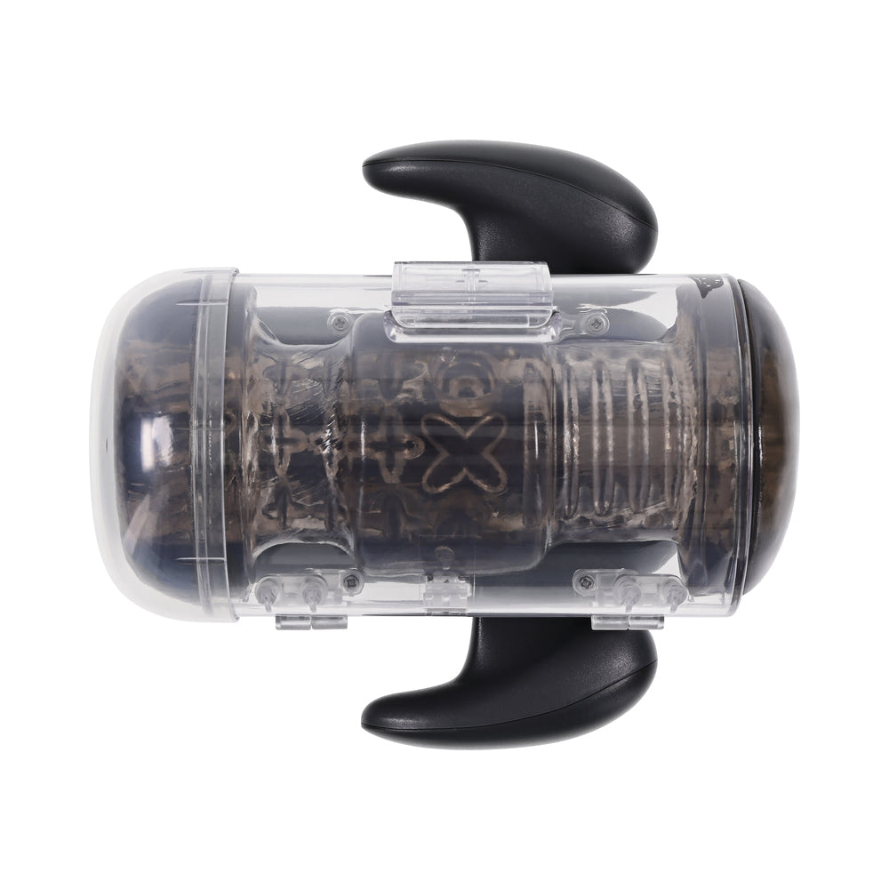 Zero Tolerance Hold Me Tight Stroker Black in a clear casing with black handles for enhanced grip and control.