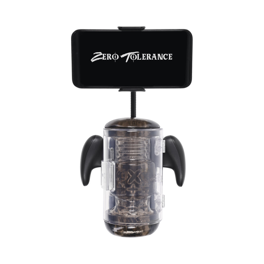 Zero Tolerance Hold Me Tight Stroker Black with mobile device holder for enhanced pleasure and interactive experience.