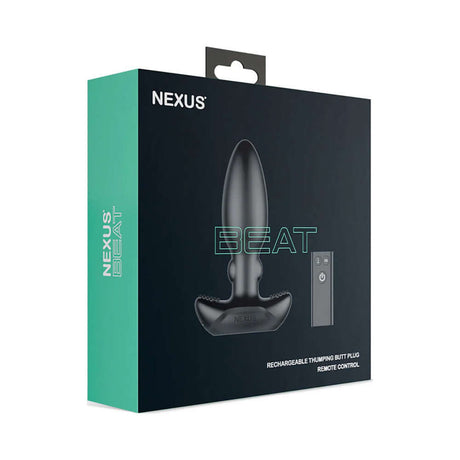 Nexus Beat Thumping Butt Plug with Remote Control packaging image showing product and remote for enhanced pleasure.