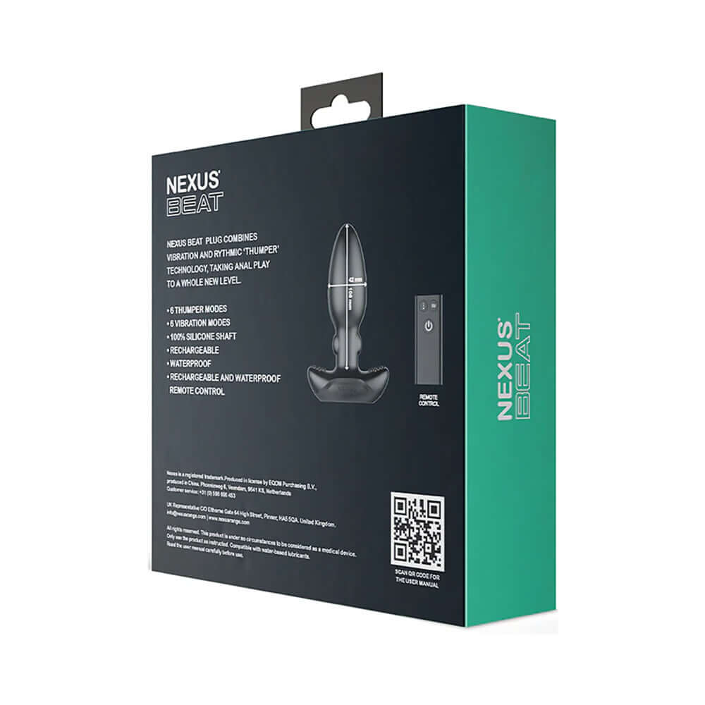 Nexus Beat Thumping Butt Plug with Remote Control packaging showcasing features and design.