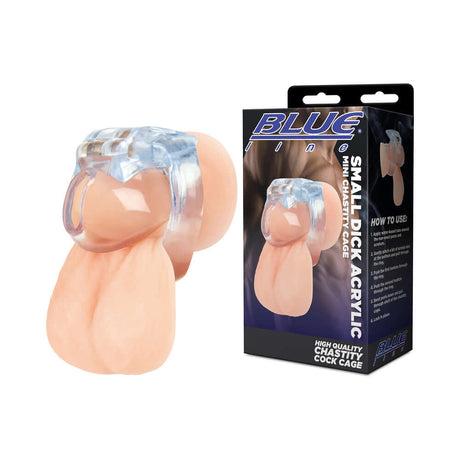Blue Line Small Dick Acrylic Mini Chastity Cage displayed next to product packaging, showcasing its secure and durable design.
