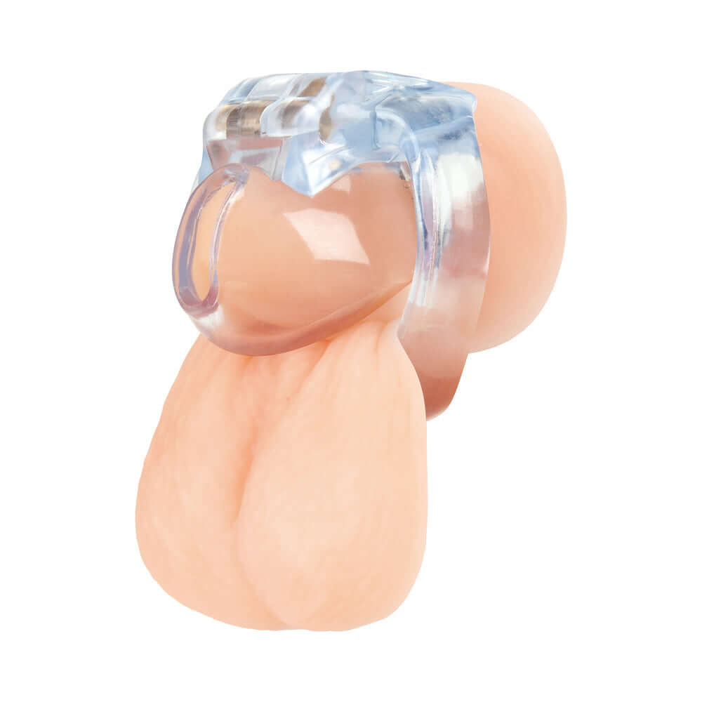 Blue Line Small Dick Acrylic Mini Chastity Cage featuring transparent cage and realistic design for secure restraint.