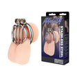 Blue Line Stainless Steel Inverted Micro Jail Time Chastity Cage displayed with packaging.