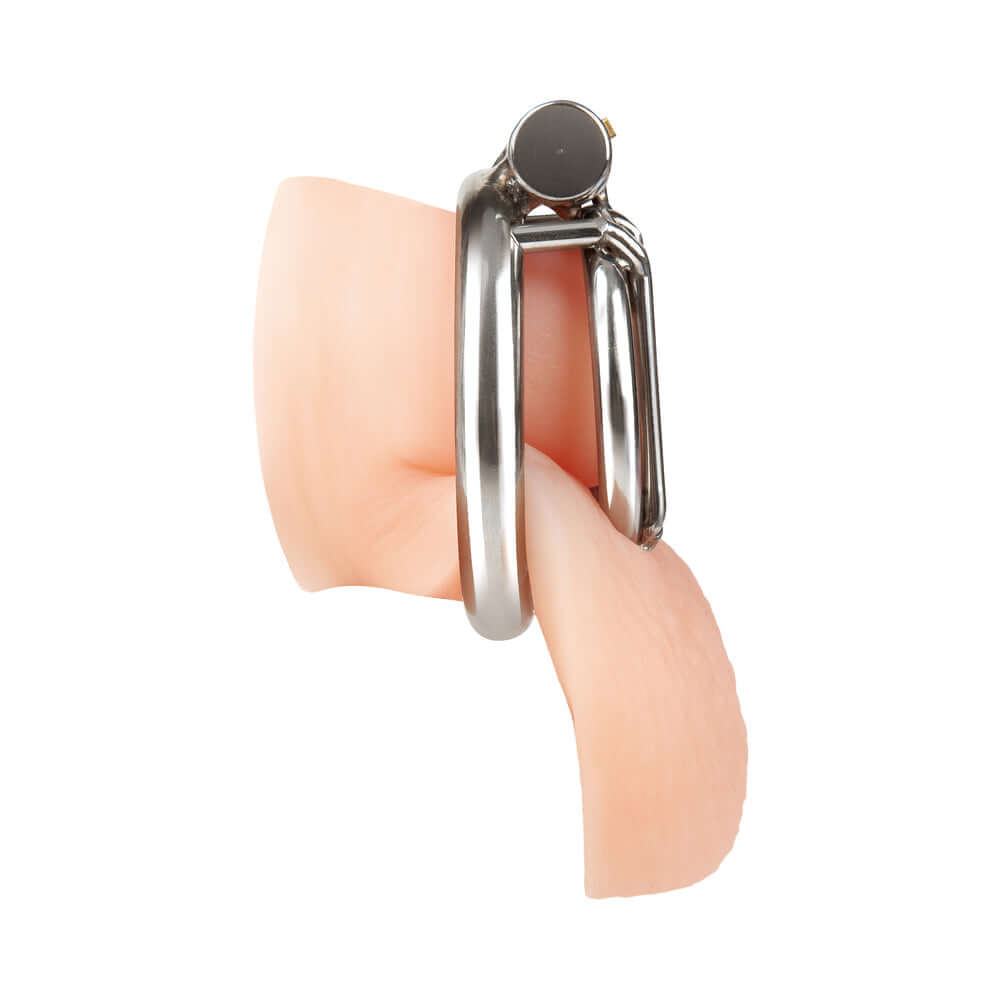 Blue Line Stainless Steel Inverted Micro Jail Time Chastity Cage displayed from the side, highlighting its design and materials.