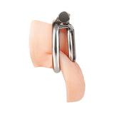 Blue Line Stainless Steel Inverted Micro Jail Time Chastity Cage displayed from the side, highlighting its design and materials.