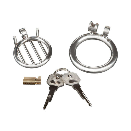 Blue Line Stainless Steel Inverted Micro Jail Time Chastity Cage components including cage pieces and keys