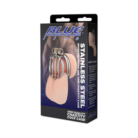 Blue Line Stainless Steel Inverted Micro Jail Time Chastity Cage packaging display for advanced chastity enthusiasts.