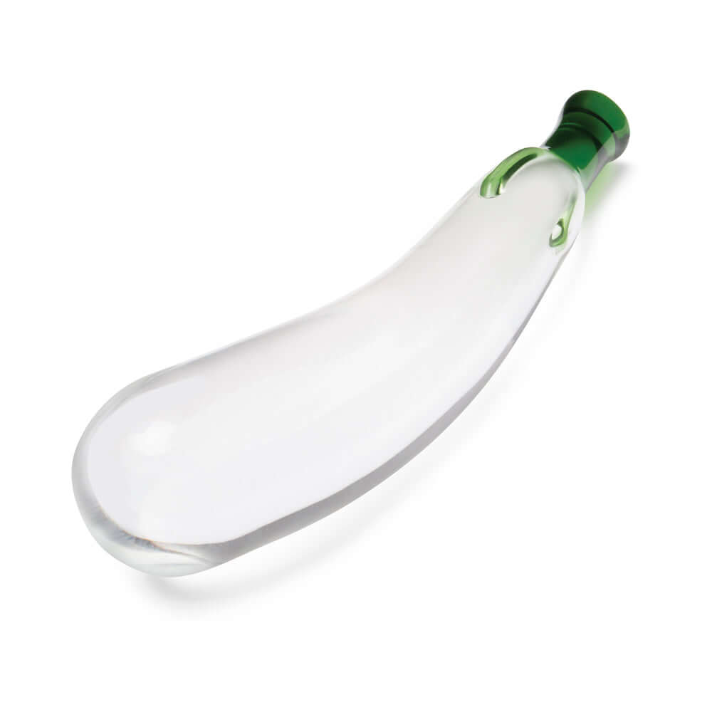 Glas Eggplant Ecstasy 7.25 inches Glass Dildo with green accents, featuring a smooth and curvy design for pleasure.