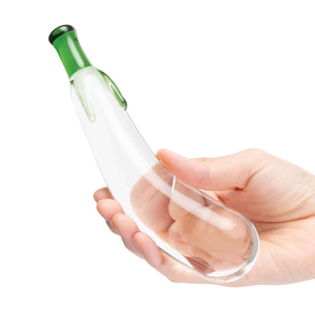 Glas Eggplant Ecstasy 7.25 inches Glass Dildo being held, showcasing its playful eggplant design.
