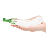 Glas Eggplant Ecstasy 7.25 inches Glass Dildo held in hand, showcasing its whimsical eggplant design.