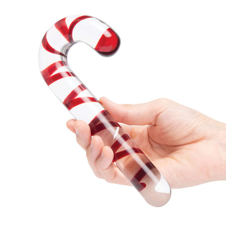 Glas Candy Cane Dream 7.5 inches Glass Dildo held in a hand, featuring festive red and white swirl design.