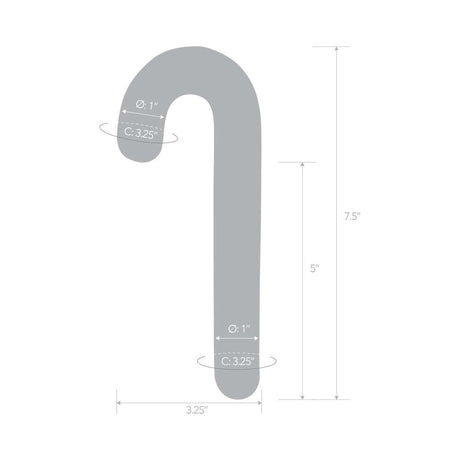 Dimensions of Glas Candy Cane Dream 7.5 inches Glass Dildo showing height and width measurements.