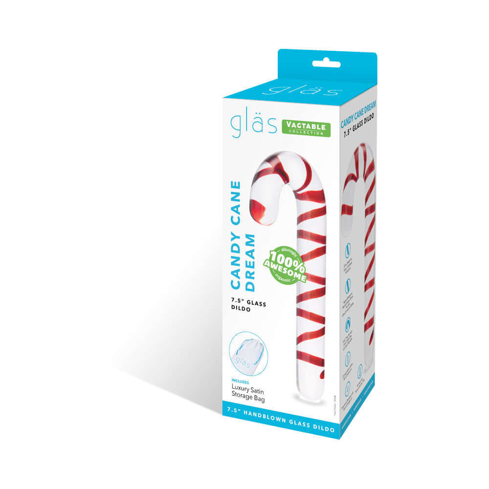 Glas Candy Cane Dream 7.5 inches Glass Dildo in packaging with festive design and storage bag.