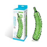 Glas Caressing Cucumber 8.25 inches Glass Dildo in packaging, showcasing its unique design and textured surface.
