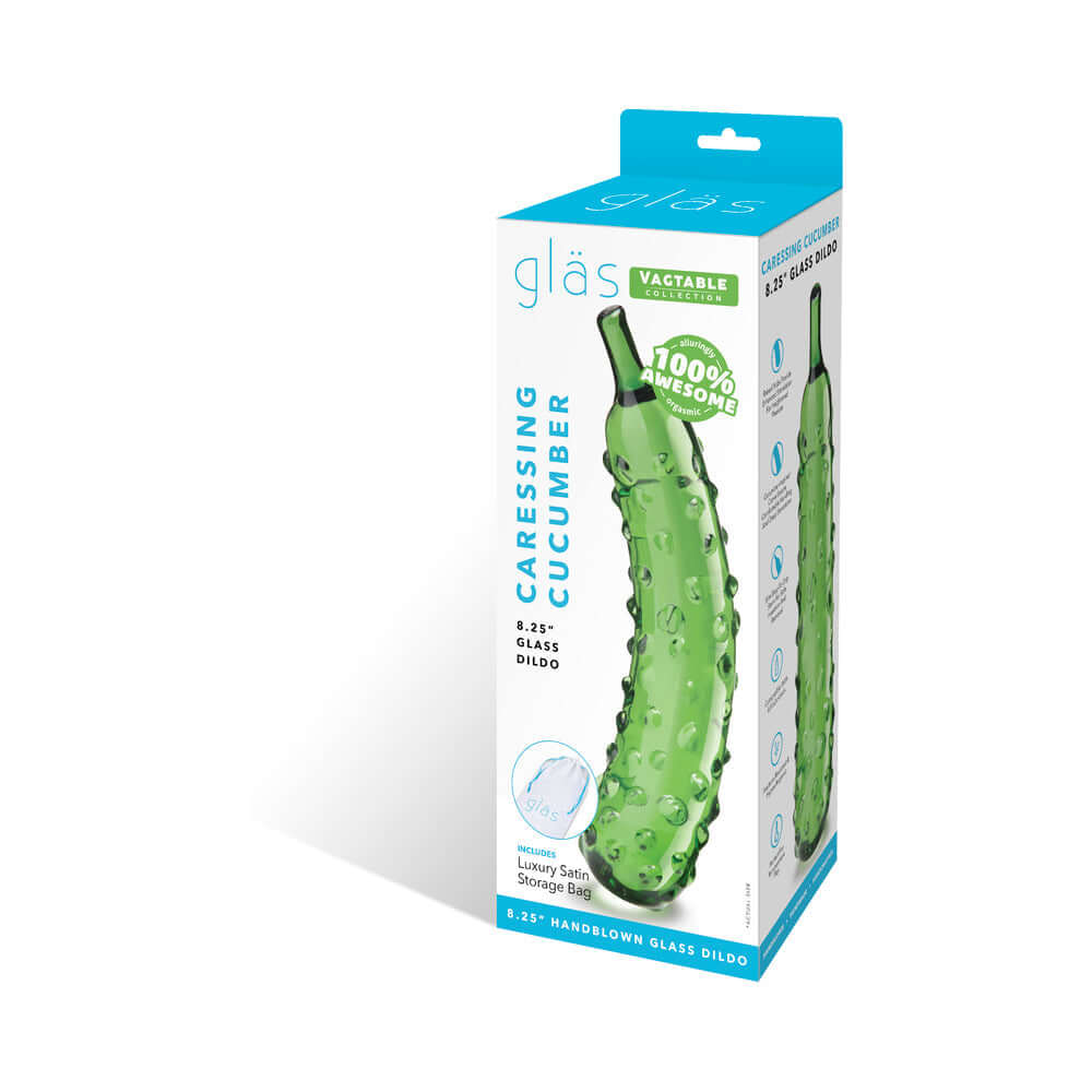 Glas Caressing Cucumber 8.25 inches Glass Dildo packaging featuring a realistic cucumber design and luxury storage bag.