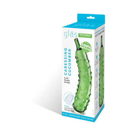 Glas Caressing Cucumber 8.25 inches Glass Dildo packaging featuring a realistic cucumber design and luxury storage bag.
