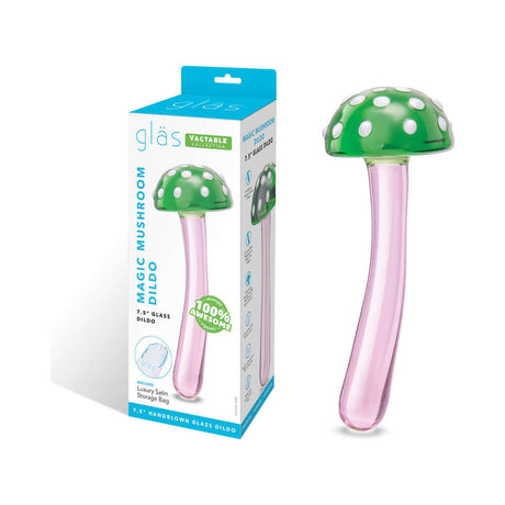 Glas Magic Mushroom Dildo 7.5 inches Glass Dildo in packaging with vibrant colors and design.