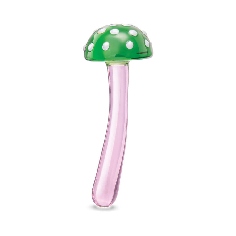 Glas Magic Mushroom Dildo 7.5 inches Glass Dildo with green mushroom cap and pink stem, handcrafted for pleasure.
