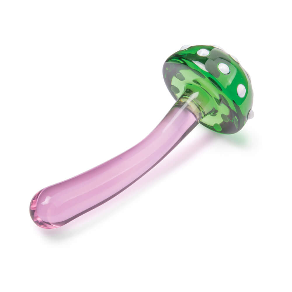 Glas Magic Mushroom Dildo 7.5 inches Glass Dildo showcasing vibrant green mushroom cap and pink stem.