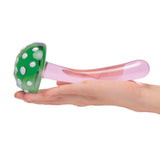 Glas Magic Mushroom Dildo 7.5 inches Glass Dildo held in hand, featuring green mushroom cap and pink stem.