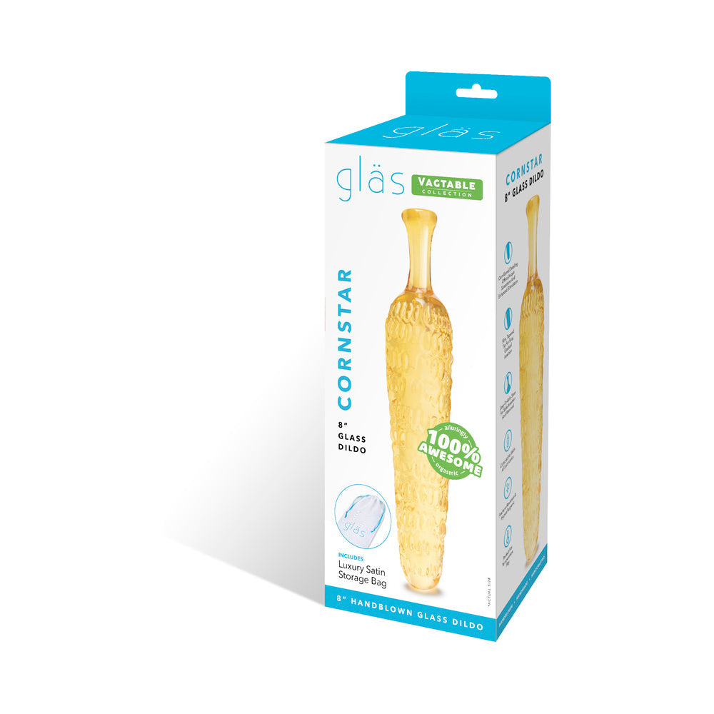 Glas Cornstar 8 inches Glass Dildo packaging with vibrant design and luxury storage bag