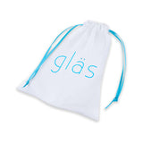 Glas Cornstar 4 inches Glass Butt Plug storage pouch with blue drawstrings and logo.