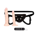Lux Fetish 3pc Strap-on Pegging Trainer Set with Vibrating Dildo featuring adjustable harness and dual dildos.