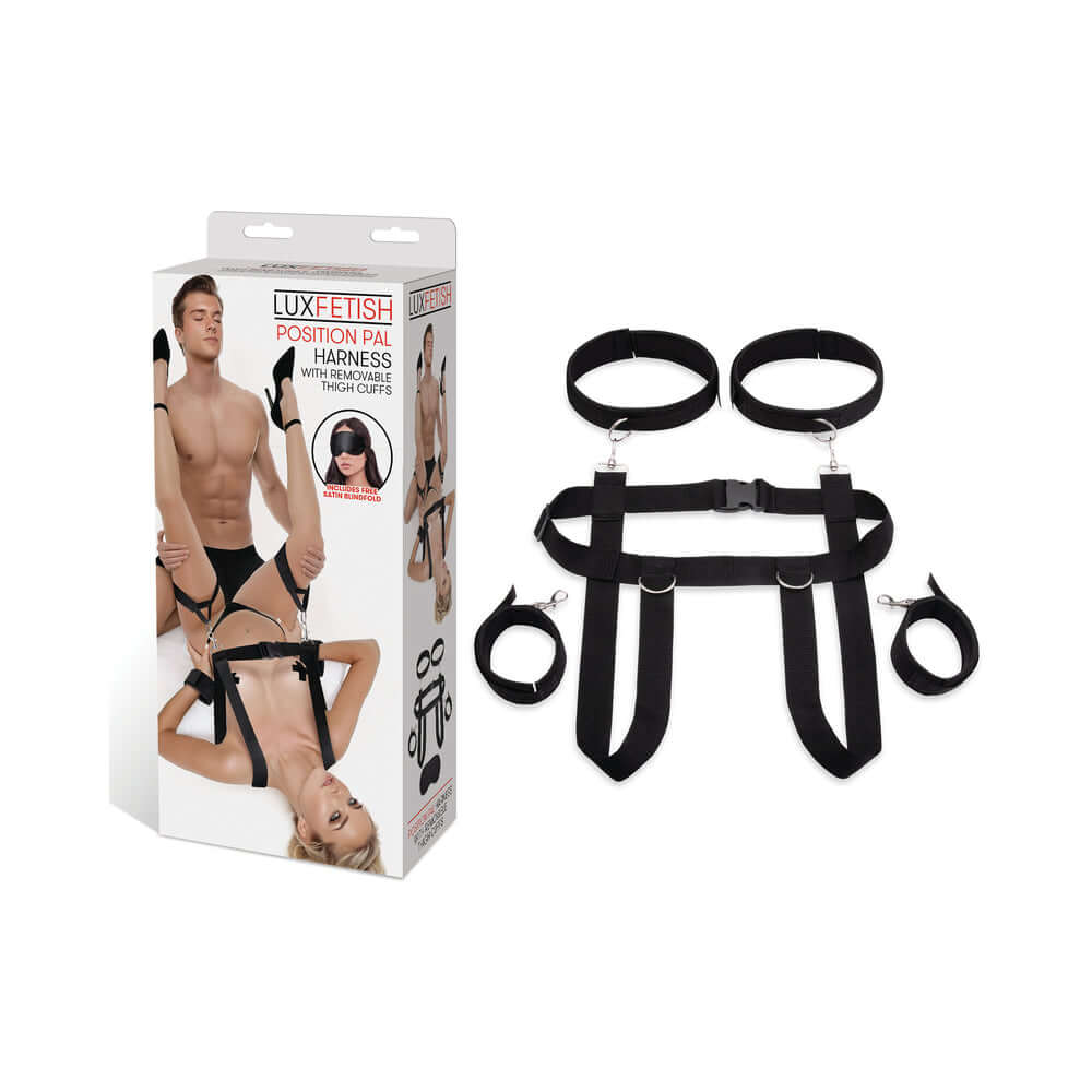 Lux Fetish Position Pal Harness with adjustable straps and thigh cuffs in packaging, designed for enhanced intimacy.